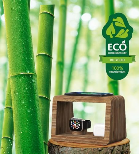 Bamboo Charging Station for Multiple Devices, 15W Fast Wireless Charger Night Light with 3 Color& 4 Adjustable Brightness, Night Stand Charger Station for iPhone/iWatch/AirPods (6953) - Image 6