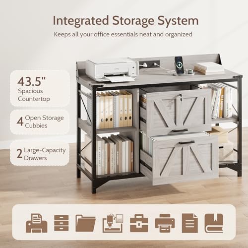 44" File Cabinet, Lateral Filing Cabinet for Home Office with 2 Drawers, Office Storage Cabinet with Lock and Key, Wooden Printer Stand with 4 Storage Shelves and Power Outlets, Office Furniture, Grey - Image 5