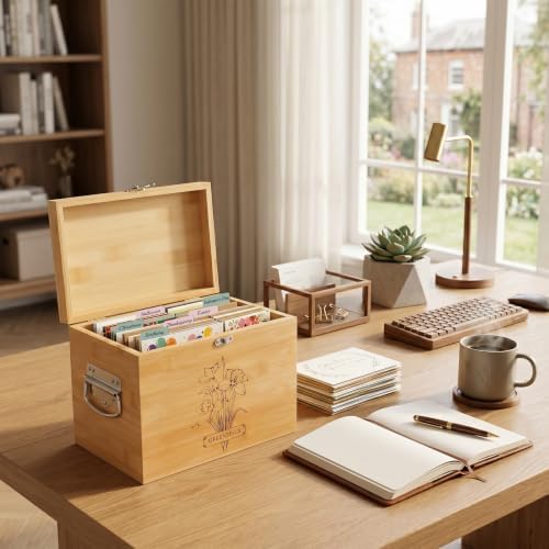 Bamboo Greeting Card Organizer Box with 20 Dividers, Card Box with Floral Laser Engraving & Metal Clasp, Storage for Birthday Christmas Wedding Graduation Valentine Thanksgiving Cards - Image 5