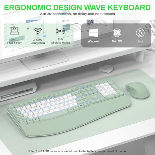 Wireless Keyboard and Mouse Combo,2.4G Ergonomic Wave Keys(Avocado Green-B) - Image 6