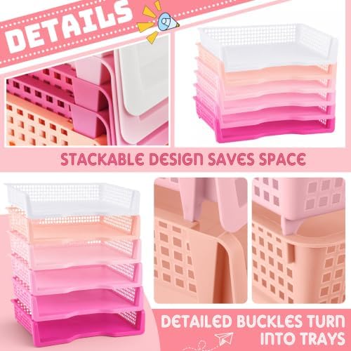 Teenyyou Set of 12 Colorful Classroom Turn in Trays Stackable, Pink - Image 4