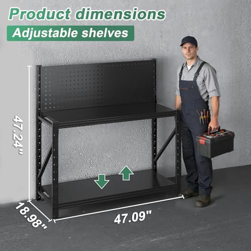 Work Bench with Pegboard,Heavy Duty 3000lbs Capacity Workbench Adjustable Shelves,Work Table for Garage Warehouse47.2 H*47.09" W*19" D - Image 2