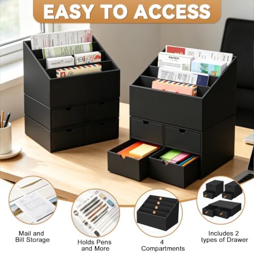 2 Sets 4-Slot Desktop Mail Organizer with 6 Drawers, Black Letter Organizer - Image 3