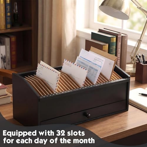 Wood Desktop Organizer with Drawer, 17 Inch 32 Section Bill & Mail & File Organizer Storage for Office Desk, Desktop Mail Holder and Office Supplies Storage, Letter and Paper Sorter(Black) - Image 3