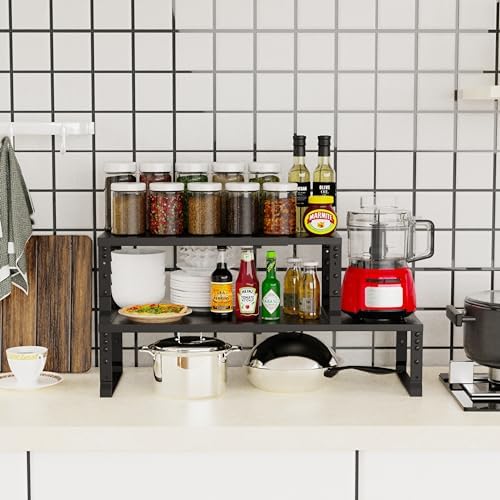 Jojocross Expandable Stackable Spice Rack Organizer for Kitchen Cabinet,Adjustable Counter Shelf, countertop, Pantry,Cupboard,Bathroom,Bedroom(3Packs/Black/Large) - Image 3