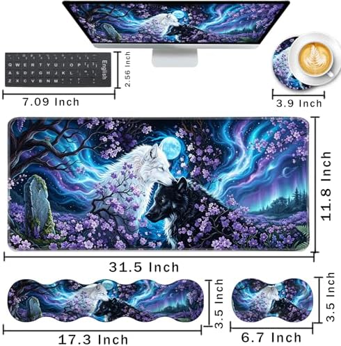 Keyboard Wrist Rest and Mouse Pad with Wrist Support Set Ergonomic Coaster,Memory Foam,Easy Typing Pain Relief,Large XL Desk Mat 31.5"x 11.8",Wolf Moon - Image 2
