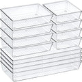 12 Pack Clear Plastic Drawer Organizer Set, Acrylic Non Slip Non Cracking Kitchen Drawer Storage Tray Large Size Divider, Multifunctional Storage for Cosmetics, Bathroom, Tools, Kitchen and Office by Criusia