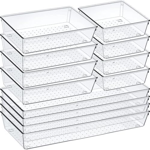 12 Pack Clear Plastic Drawer Organizer Set, Acrylic Non Slip Non Cracking Kitchen Drawer Storage Tray Large Size Divider, Multifunctional Storage for Cosmetics, Bathroom, Tools, Kitchen and Office by Criusia