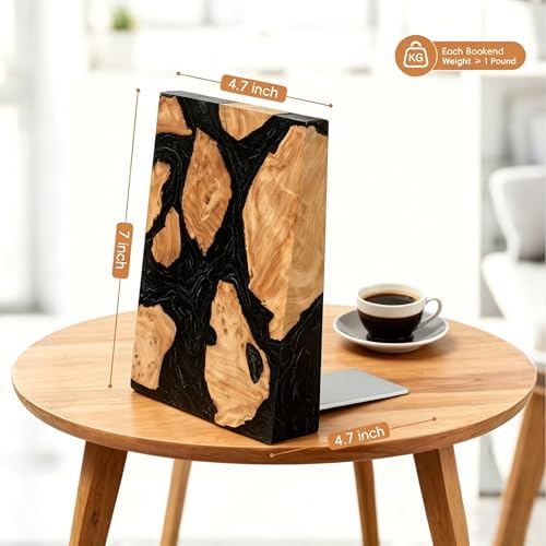 Pearlescent Black Resin Bookends, Burl Wood Book Ends for Shelves – Unique Decorative Book Supports for Study Office, Elegant Gift for Home Library (Pearlescent Black) - Image 2