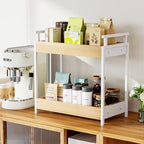 KLM Countertop Coffee Station Organizer, 2 Tier Wooden Shelf for Coffee Bar Accessories, Condiment Storage Caddy for Kitchen, Bathroom Counter Organizer, Home, Office - Natural - Image 2
