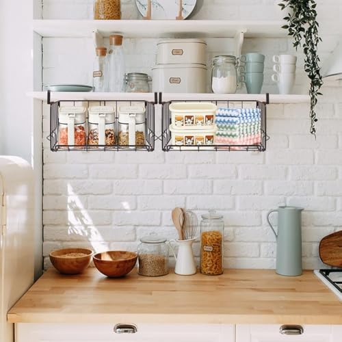 Hanging Under Shelf Storage Basket, 4 Pack Foldable Under Cabinet Metal Desk Storage Wire Rack Organizer for Kitchen Pantry Bookshelf Office Home, Easy to Install Slide-in Under Shelves (Black) - Image 6