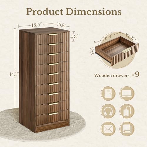 9 Drawer File Cabinet, Wooden Office Cabinet with Drawers, Fluted Storage Filing Drawer for Home Office, Black Walnut - Image 2