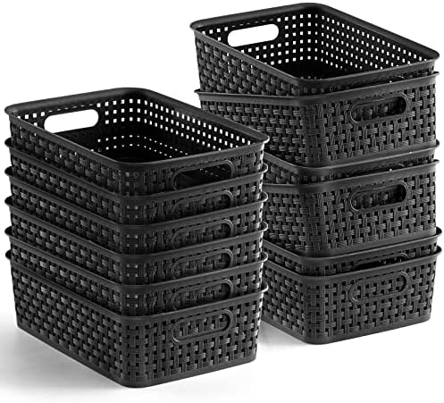 [ 12 Pack ] Plastic Storage Baskets, Small Pantry Organization and Storage Bins, Household Organizers for Laundry Room, Bathrooms, Kitchens, Cabinets, Countertop, Under Sink or Shelves, Black by NETANY