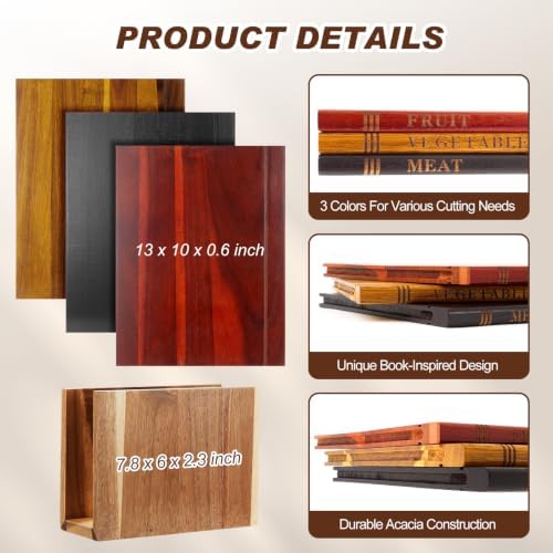 3 Pcs Acacia Wood Book Cutting Boards Set with Wooden Bookend Holder Book Shaped Solid Wood Cutting Board for Kitchen Fruits Vegetables Meat Fish Cheese Bread (Classic) - Image 2