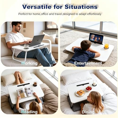 27.6" Home Office Folding Lap Desk with Drawer, Tablet Slot, Cup Holder - Fits up to 18 Inch Laptops, Bed Desk for Reading, Writing, Eating, Portable Laptop Table for Sofa, Coach, Floor (White) - Image 5