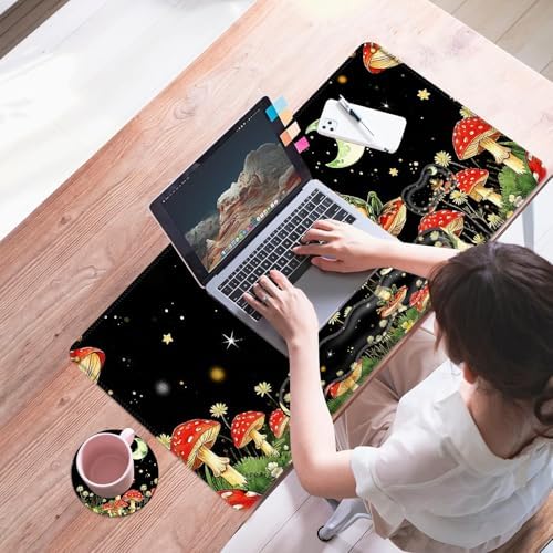 Mouse Pad,Large Desk Mat Set, 4in1 XL Mousepad + Keyboard Wrist Rest+Mouse Wrist Rest+Coaster with Ergonomic Desk Pad for Home Office Table Computer Cover -Aesthetic Mushroom Frog - Image 7