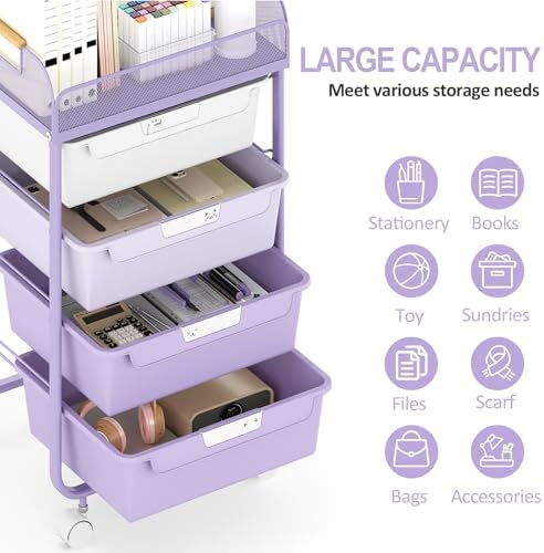 SYKIARIOL 4-Drawer Rolling Storage Cart with Mesh Top,Purple - Image 6