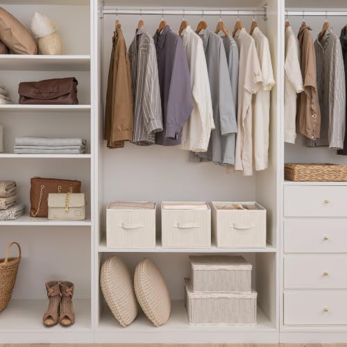 StorageWorks Shelf Organizer Bins, Khaki & Beige Stripes, 3-Pack, Large - Image 2