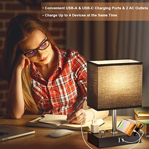 Black Table Lamp for Bedroom - Stepless Dimmable, USB C+A, 2 AC Outlets - Image 6