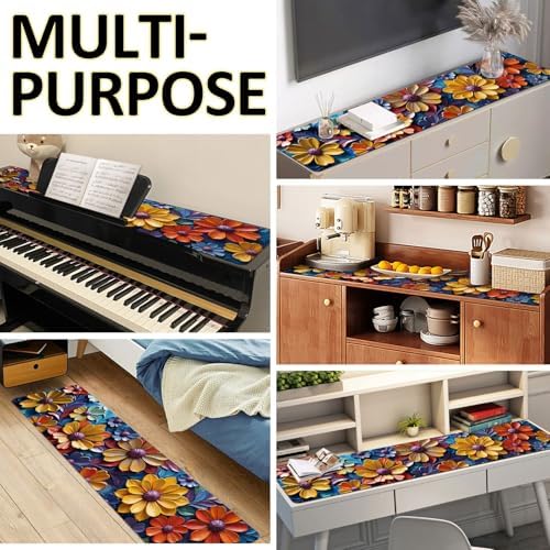Piano Top Runner Mat, Non-Slip Rubber Bottom, Free Cut Protector Dust-Proof Covers for Musical Instrument, Chiffonier, Chest of Drawers, TV Stand, Television Cabinet (Oil Painting Floral, 61" x 13.8") - Image 6