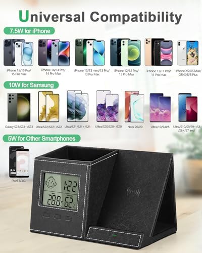 Pen Holder with Wireless Charger, Built in Digital Indoor Thermometer and Humidity Monitor, Multi-Functional Desktop Organizer for Home, School, Office Supply, Midnight Black - Image 3