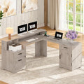 Whalefall 63'' Farmhouse L Shaped Desk with Monitor Stand Shelves, Gray by Whalefall