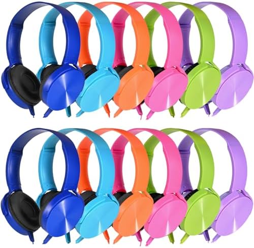 Bulk Headphones 12 Pack for School Classroom Kids K-12, Wholesale Wired Durable Computer Earphones Class Set for Students Children Toddler Teens Boys Girls and Adult (HY450, 12 Mixed) by Wensdo