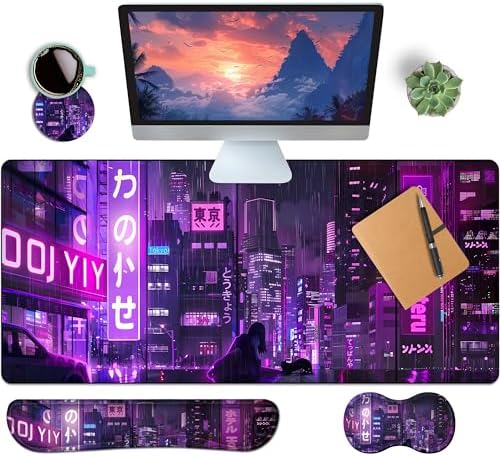 4-Piece Extended Large Mouse Pad Set for Women Men with Purple Anime Design Includes 35.4 x 15.7 XXL Large Mouse Pad Keyboard Wrist Rest Mouse Wrist Support and Coaster for Office Home by HaoSiTeck
