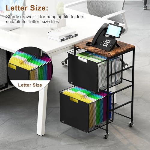EasyPAG Rolling Storage Cart with 2 Drawers, Under Desk File Cabinet on Lockable Wheels, Movable Letter Size Hanging File Folder Organizer with Wooden Printer Stand for Home Office, Black - Image 3