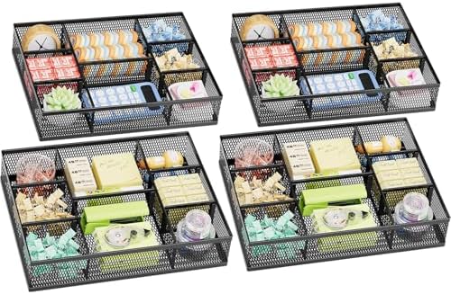 Marbrasse 2 Pack Desk Drawer Organizer, Mesh Drawer Organizer Tray with 8 Adjustable Compartments, Desk Organizers and Accessories, 5 Dividers Drawer for Office Supplies, Makeup & Vanity (Black-2P) by Marbrasse