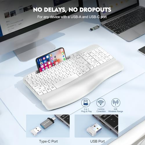 EAYBLLY 2.4G Wireless Ergonomic Keyboard, Full Size Wave Keys with Memory Foam Wrist Rest & 7.28in Phone Holder, USB-C Adapter Included for Windows Mac Chrome OS, Office or Home (White) - Image 6