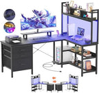 Aheaplus L Shaped Desk with Hutch, Gaming Desk with Led Lights, Reversible Computer Desk with Power Outlet, Corner Desk with File Drawer & Monitor Stand, Storage Shelves for Home Office, Black by Aheaplus