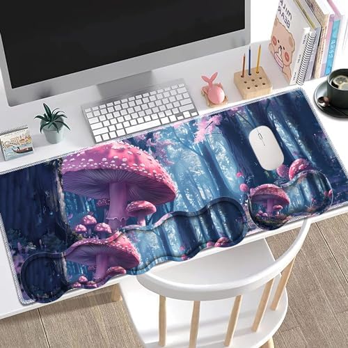 Large Gaming Mouse Pad + Keyboard Wrist Rest + Wrist Support + Coaster Set, Memory Foam Ergonomic for Easy Typing, XXL Extended Gaming Mouse Pad Table Pad - Mushroom Forest - Image 2