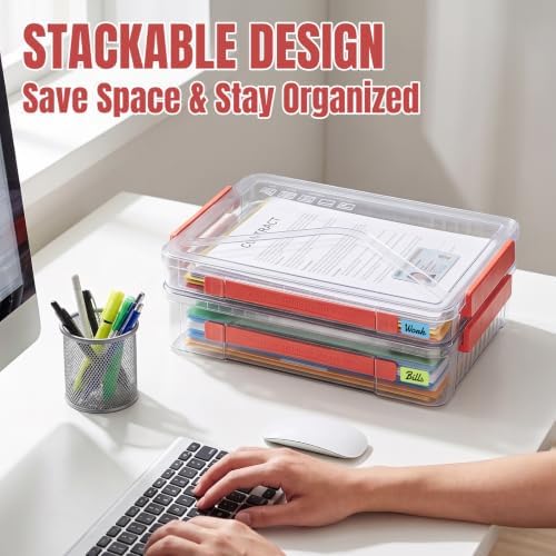 Clear Document Box, A4 Paper Storage Organizer with Snap Latches, Stackable File Case for Certificates Photos Letter Size, 14.37" x 9.44" x 1.37" & 14.37" x 9.44" x 2.75", Red - Image 5