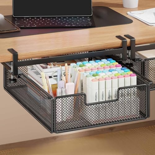 under Desk Drawer Basket Clamp on Container Saving Mesh Metal Desk Attachment File Holder Slide Out Organizer, Black S - Image 5