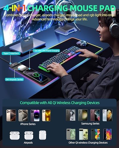 Wireless Charging Mouse Pad, RGB Gaming Mousepad, 31.5"x11.8" - Image 2