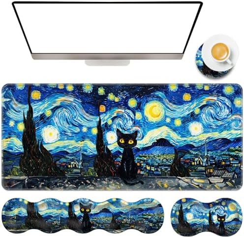 TGFEWYTJYJ Extended Gaming Mouse Pad,Memory Foam Ergonomic Keyboard Mouse Wrist Rest Support Set,Large Desk Mat with Stitched Edges,Non-Slip Base Mousepad Home Office,Starry Night Cat by GFEWYTJYJ