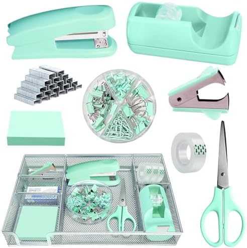 Green Office Desk Accessories Set with Stapler, Tape Dispenser and More by Unknown