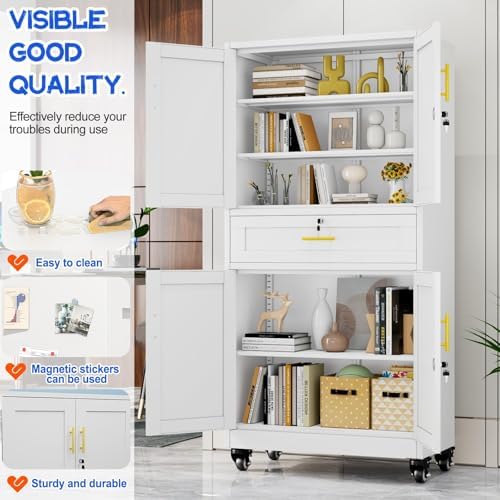 GAIOUS Metal Garage Storage Cabinet with Wheels and Drawer, Steel File Cabinet for Home Office, 74'' Tall Tool Cabinet with 4 Locking Doors and 3 Adjustable Shelves, Rolling Cabinet for Garage - White - Image 5