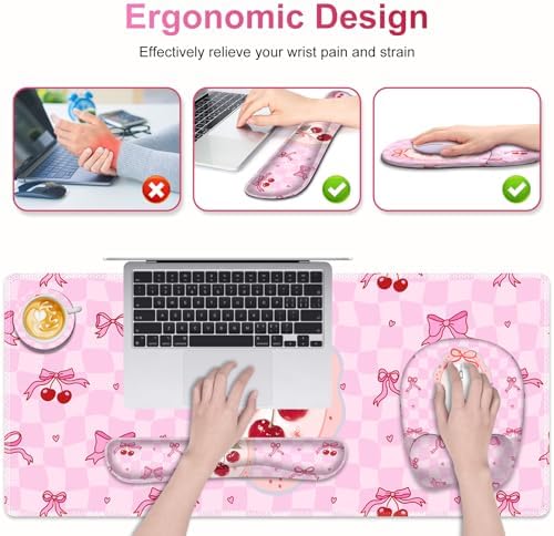 Cute Check Mouse Pad with Wrist Support 4 in1 Set, XXL Big Game Mousepad + Keyboard Wrist Rest + Mouse Wrist Rest Pad +Coaster Gaming Mat for Work Study Home Office I Pink Cherry & Bow Dream - Image 2