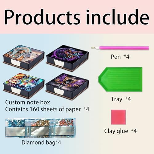 4Pcs Wolf and Owl PU DIY Diamond Art Painting Sticky Notes Holder (640 Blank Notepads) Cube Note Box Mosaic Craft Set for Office Accessories Desk Office Workplace - Image 2