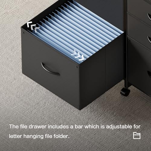 YeTom Lateral File Cabinet with 5 Drawers Rolling Filing Cabinets Under Desk Storage Printer Stand with Wheels,Mobile File Cabinet for Home Office,Black - Image 5
