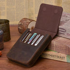 Lanxivi Genuine Leather Fountain Pen Case 6 Slot Crazy Leather Organizer, Portable Pen Bag Pouch Drawer Style - Image 3