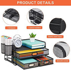 Marbrasse 3 Tier Mesh Desk Organizer with Drawer, Multi-Functional Desk Organizers and Accessories, Paper Letter Organizer with 2 Pen Holder for Home Office Supplies (Black) - Image 3