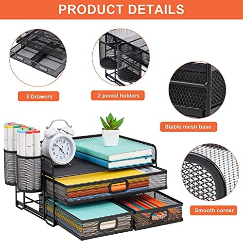 Marbrasse 3 Tier Mesh Desk Organizer with Drawer, Multi-Functional Desk Organizers and Accessories, Paper Letter Organizer with 2 Pen Holder for Home Office Supplies (Black) - Image 3