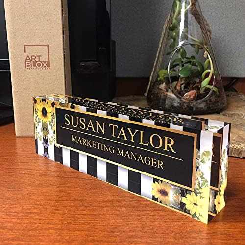 Artblox Office Desk Name Plate Personalized | Custom Name Plates on Acrylic Glass Decor | Office Desk Decor - Sunflowers Design - (8"x2.5") - Image 4