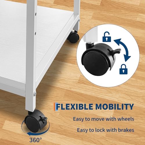 GarveeHome Under Desk Printer Stand, 20" Deep Large Printer Table with Height Adjustable Storage Shelf, 2 Tier Rolling Printer Cart with Wheels for Home Office, White - Image 6