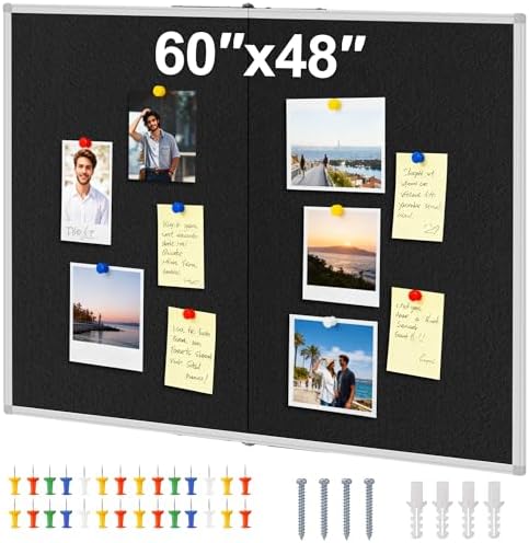 Large Cork Bulletin Board, 48 X 36 in Foldable Silver Aluminium Frame Noticeboard for Wall, 4'x 3' Large Wall Mounted Memo Notice Pin Board with 28 Push Pins for School, Home & Office (Black) by HOLYDE