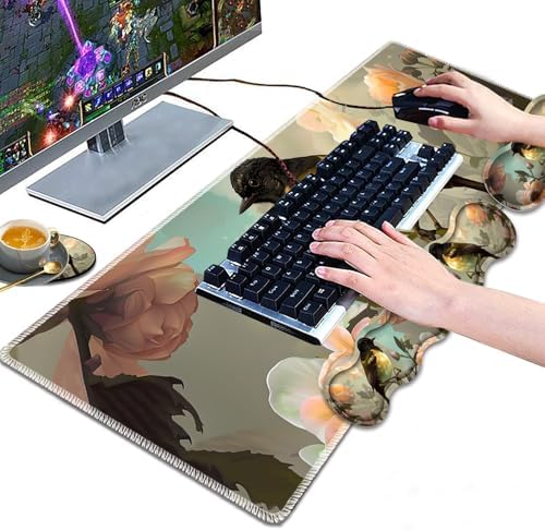 Large Gaming Mouse Pad, Keyboard Wrist Rest Pad + Mouse Wrist Pad + Coaster 4 in 1 Set, Extended Waterproof Non-Slip Desk Mat, Suitable for Office Home Learning Games, Cute Bird - Image 4