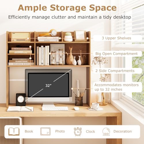 BECOMFORT Desk Hutch, Desk Organizer Shelf w/ 6 Storage Compartments, up to 32” Monitor, Wooden Display Rack, Desktop Bookshelf for Vanity Dressing Tabletop College Dorm Home & Office - Image 5